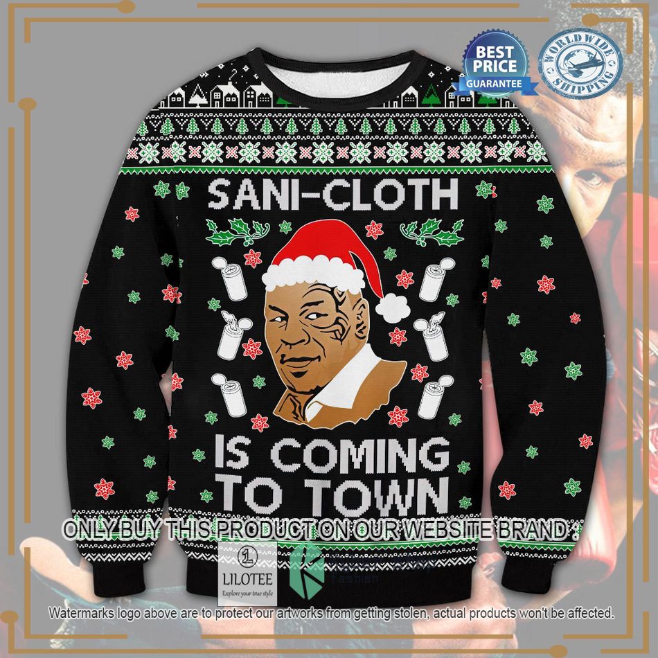 sani cloth is coming to town mike tyson ugly christmas sweater 1 63328