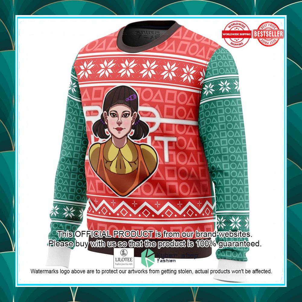 squid game red light green light doll christmas sweater 3 257