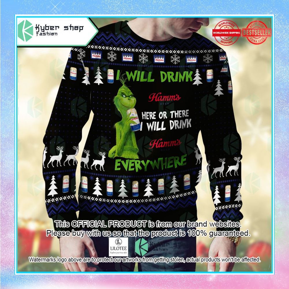 the grinch i will drink hamms here or there sweater christmas 2 545