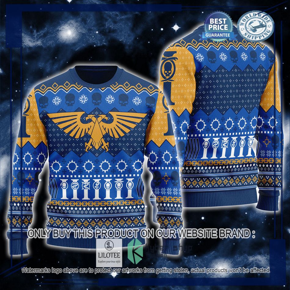warhammer 40000 imperium logo blue ugly christmas sweater 1 61734