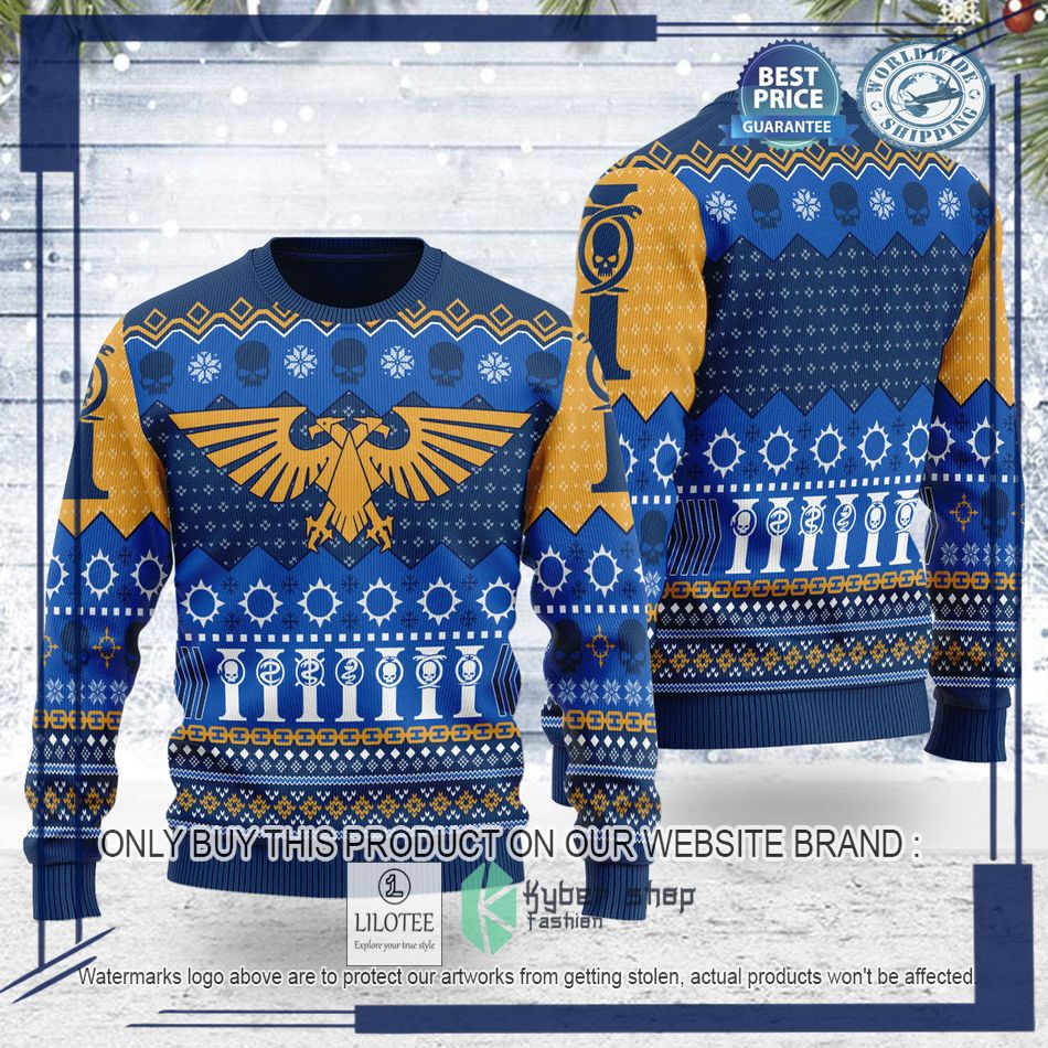 warhammer 40000 imperium logo blue ugly christmas sweater 2 96982