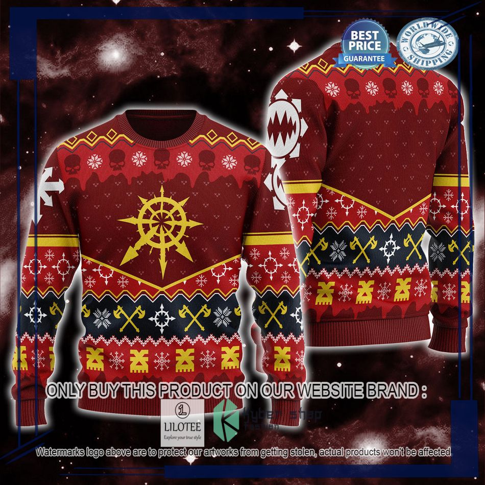 warhammer 40000 slay bells ring khorne chaos logo ugly christmas sweater 1 52403