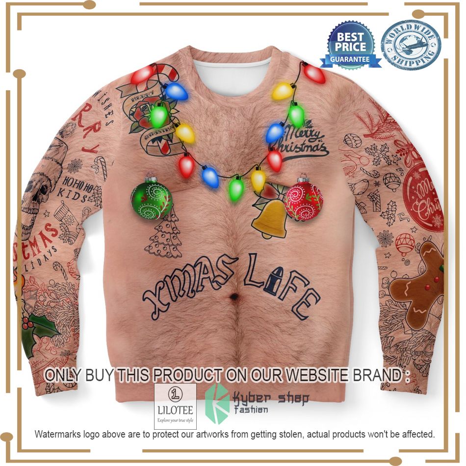 xmas life tatoo topless man ugly christmas sweater 1 65083