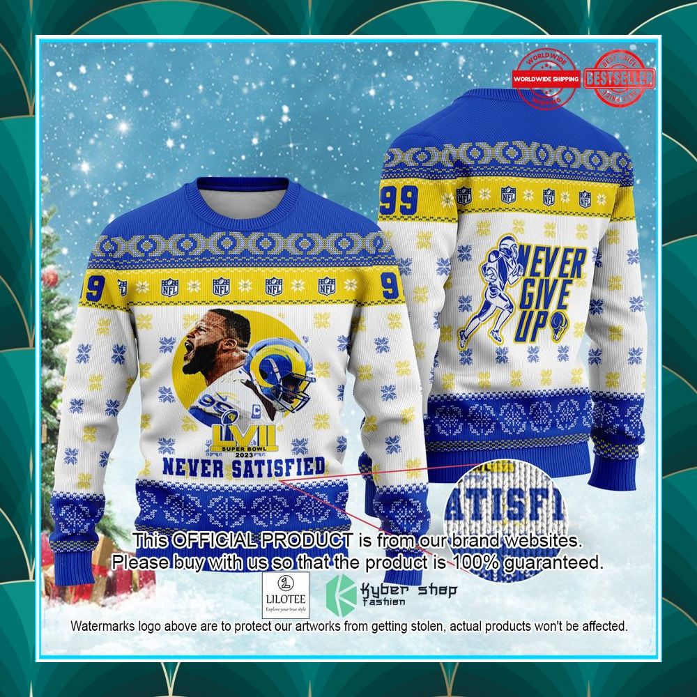 aaron donald never satisfied la rams never give up 2023 super bowl nfl christmas sweater 1 424