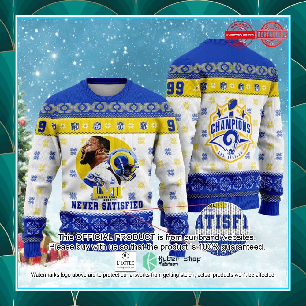 aaron donald never satisfied los angeles champions 2023 super bowl nfl christmas sweater 1 379