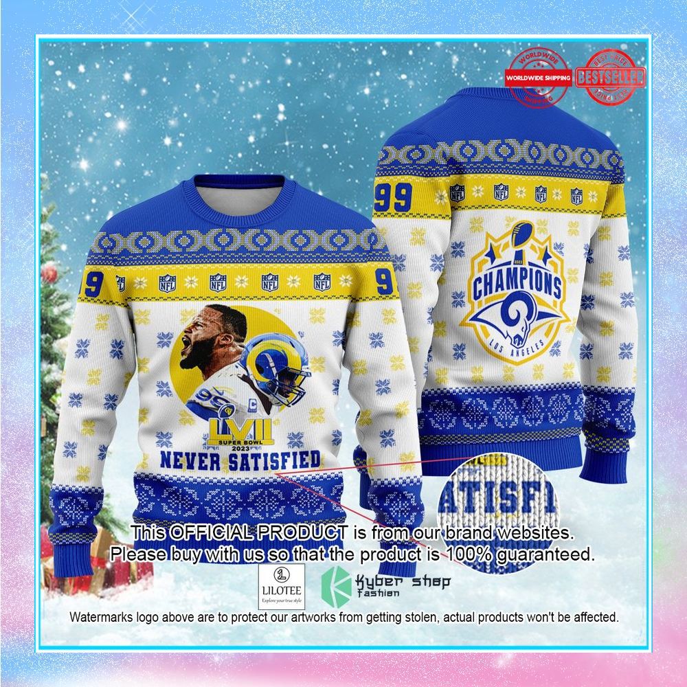 aaron donald never satisfied los angeles champions 2023 super bowl nfl christmas sweater 1 605