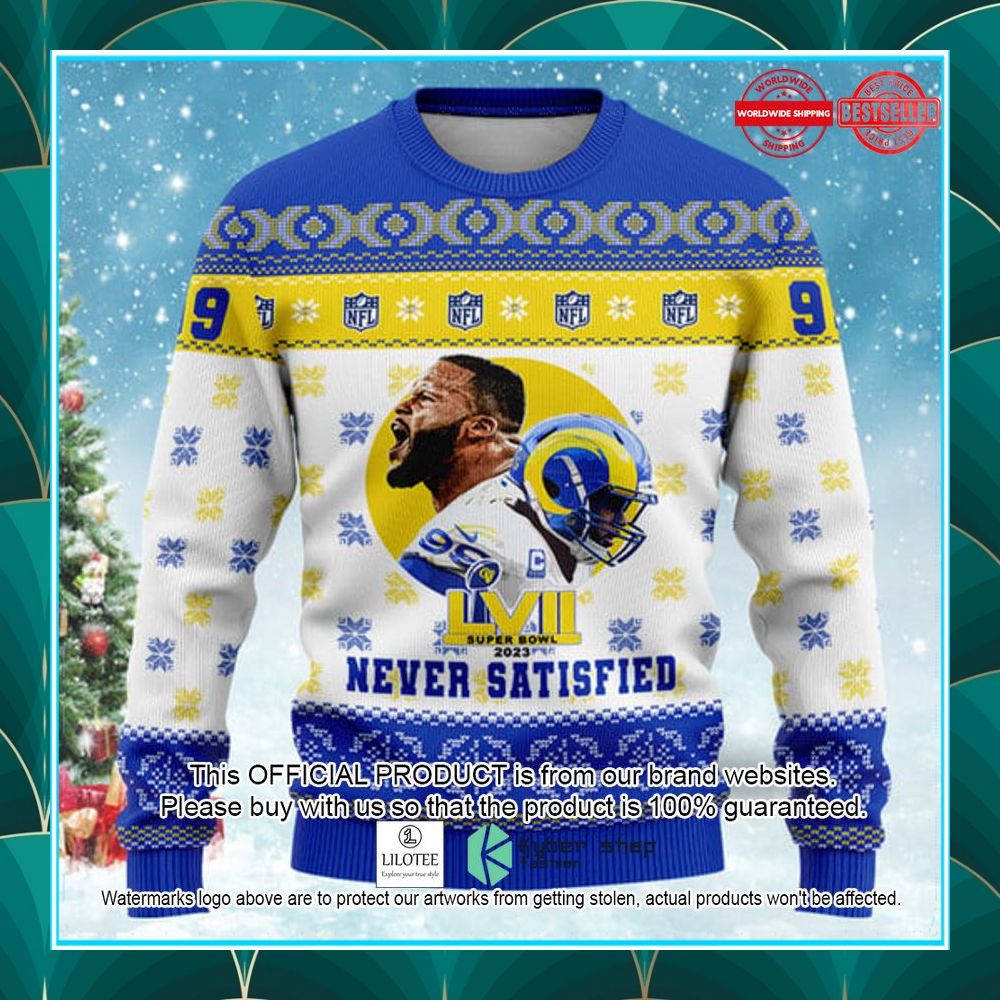 aaron donald never satisfied los angeles champions 2023 super bowl nfl christmas sweater 2 408