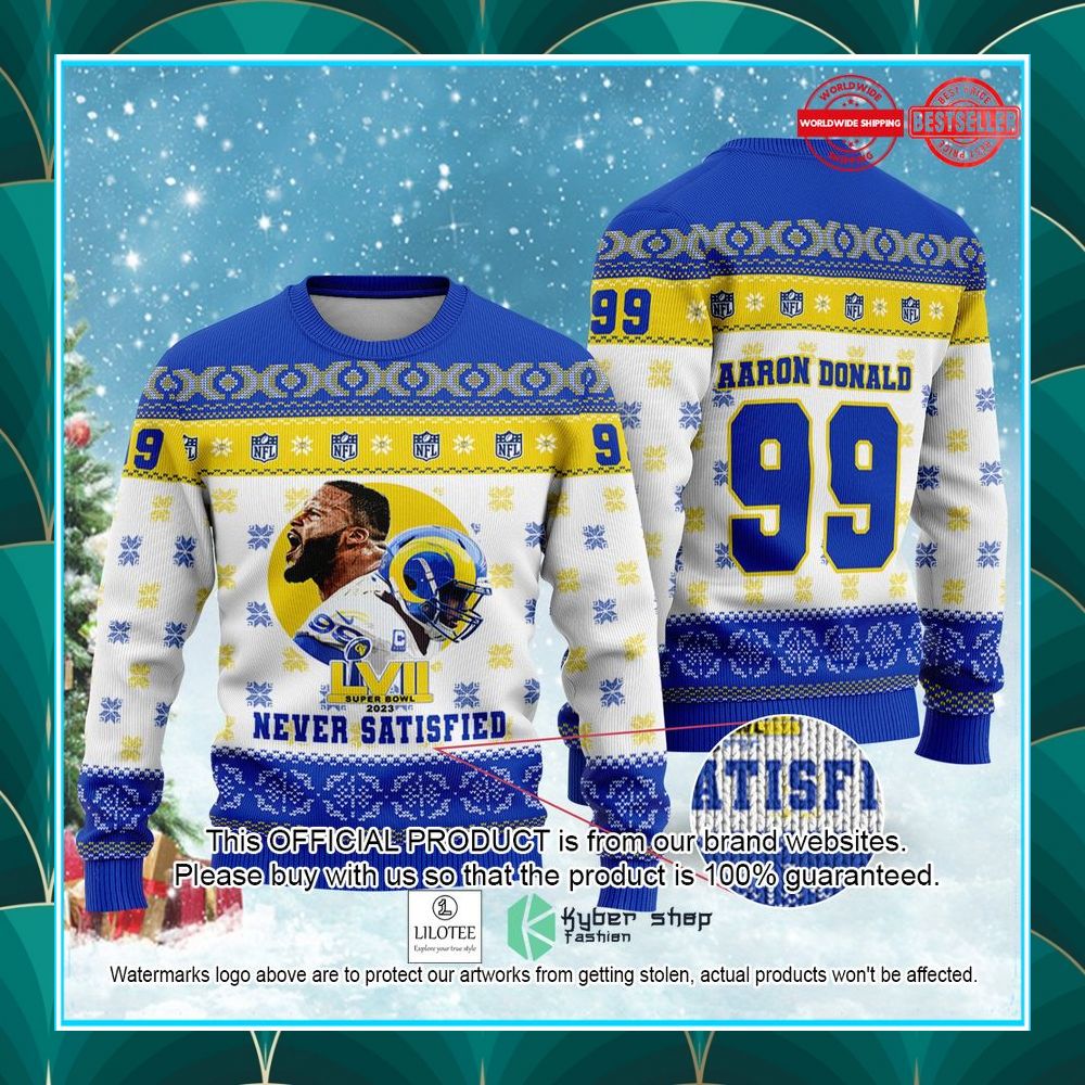 aaron donald never satisfied los angeles rams 99 super bowl nfl christmas sweater 1 710