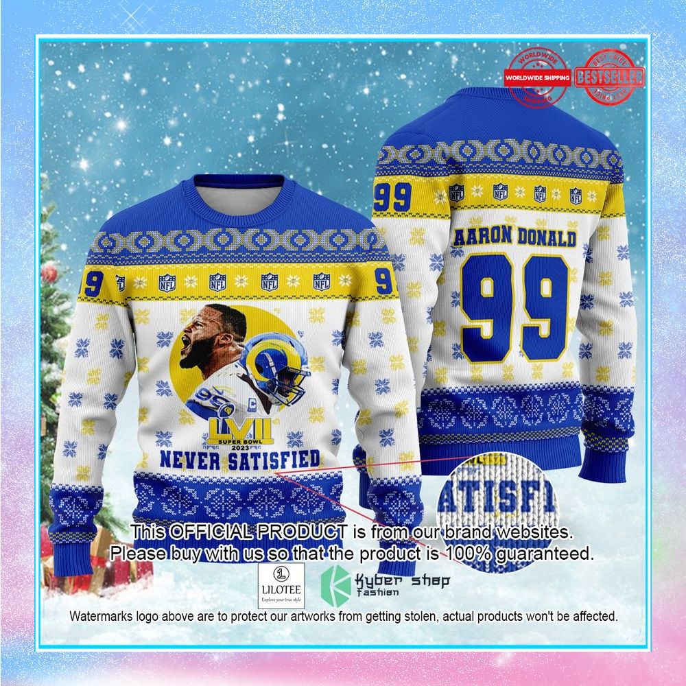aaron donald never satisfied los angeles rams 99 super bowl nfl christmas sweater 1 96