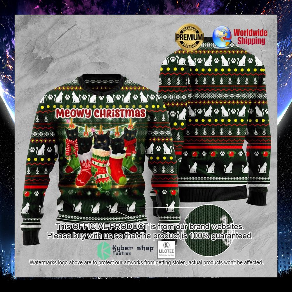 black cat meowy christmas socks sweater 1 875
