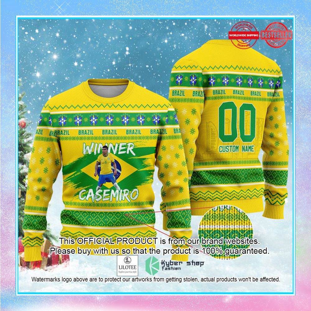 brazil casemiro custom name and number fifa qatar world cup 2022 christmas sweater 1 495