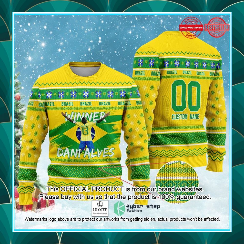 brazil dani alves custom name and number fifa qatar world cup 2022 christmas sweater 1 228