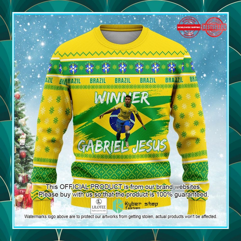 brazil gabriel jesus custom name and number fifa qatar world cup 2022 christmas sweater 1 529