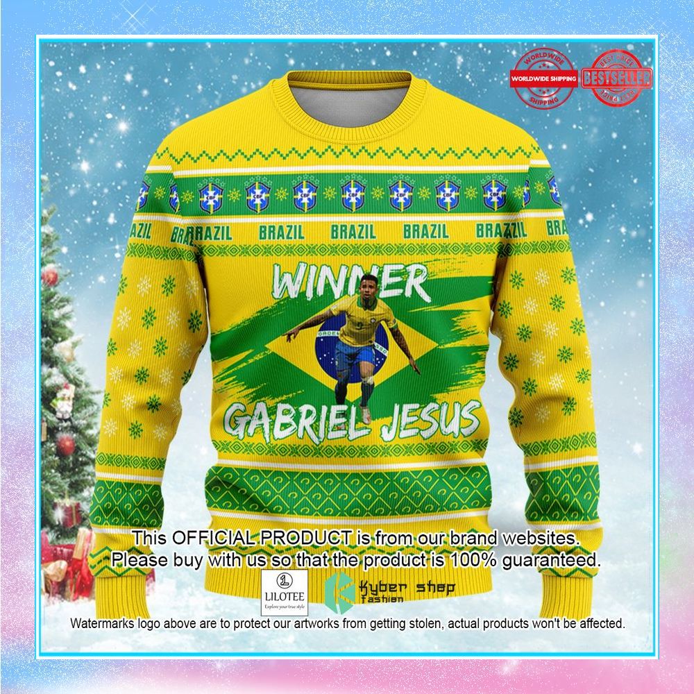 brazil gabriel jesus custom name and number fifa qatar world cup 2022 christmas sweater 1 654