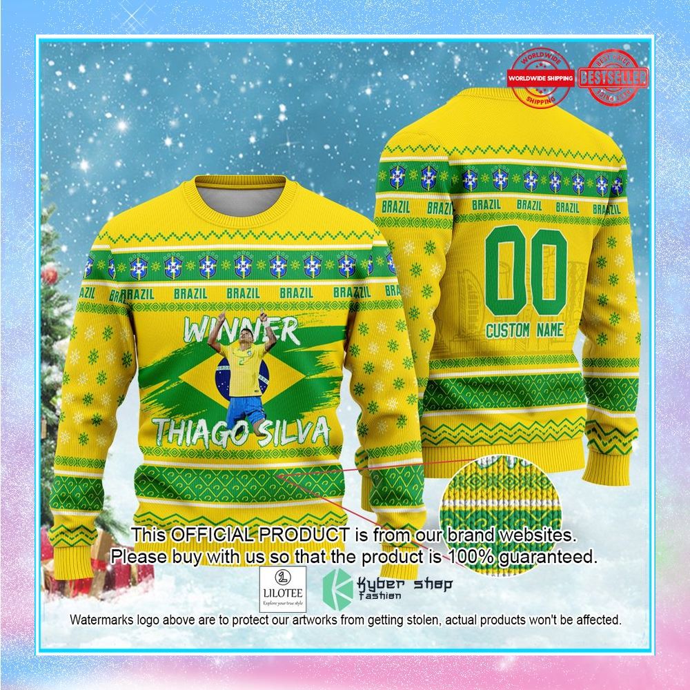 brazil thiago silva custom name and number fifa qatar world cup 2022 christmas sweater 1 157