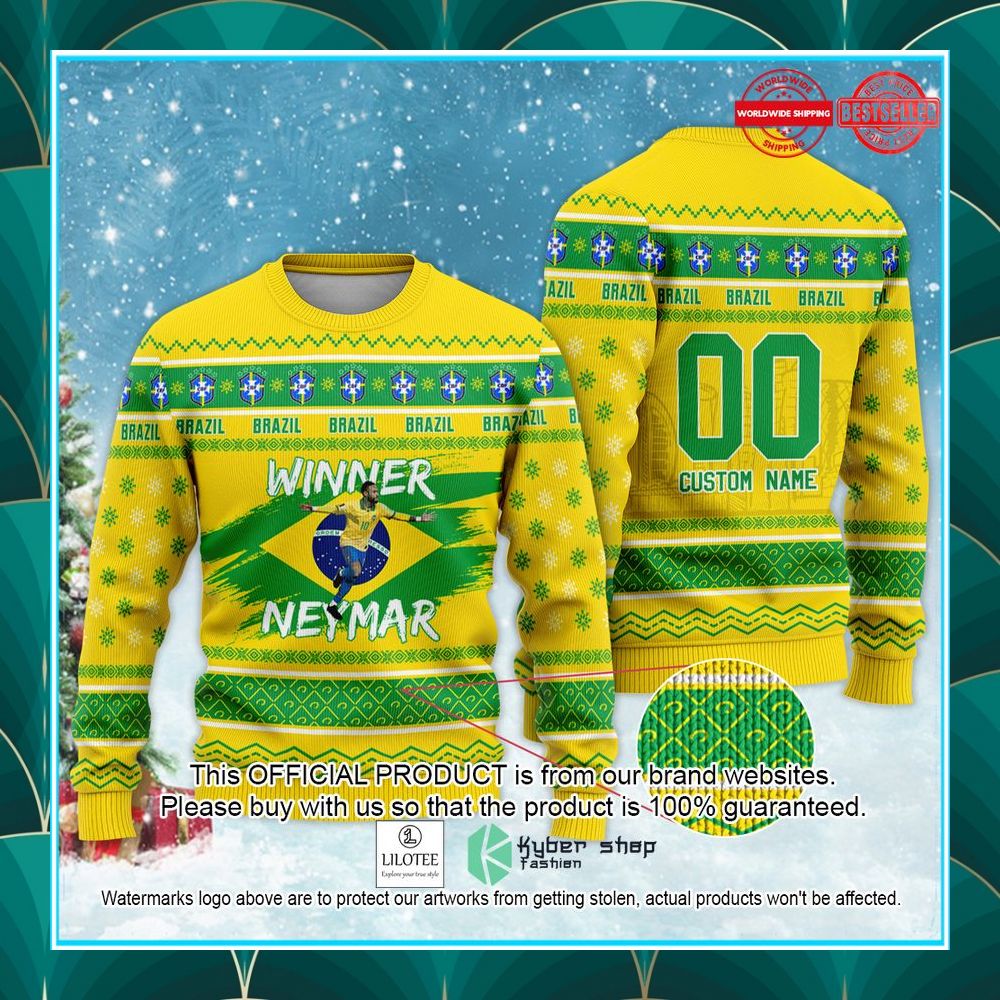 brazil winner neymar jr custom name and number fifa qatar world cup 2022 football star christmas sweater 1 404