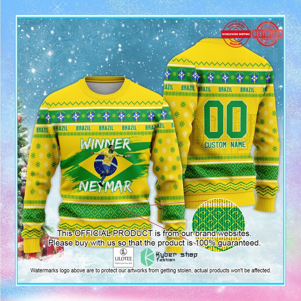 brazil winner neymar jr custom name and number fifa qatar world cup 2022 football star christmas sweater 1 908