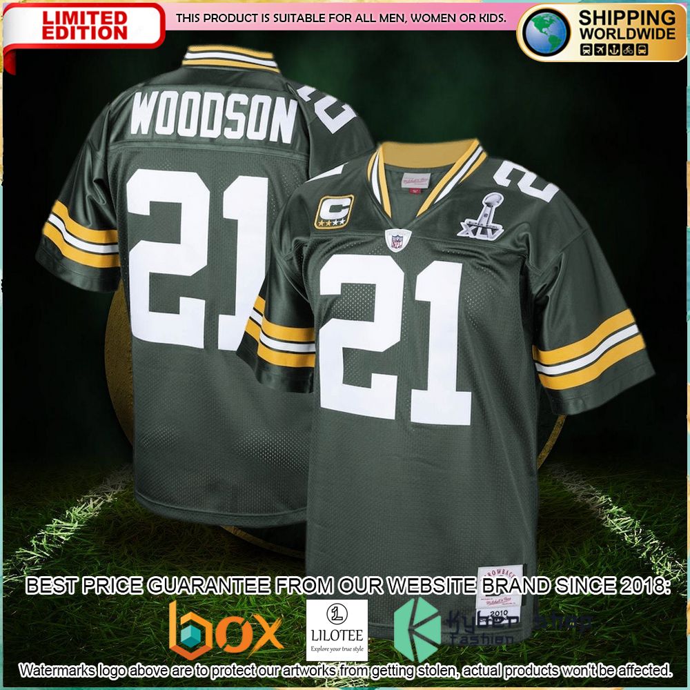 charles woodson green bay packers mitchell ness 2010 authentic throwback retired green football jersey 1 639