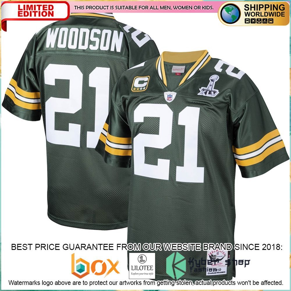 charles woodson green bay packers mitchell ness 2010 authentic throwback retired green football jersey 1 656
