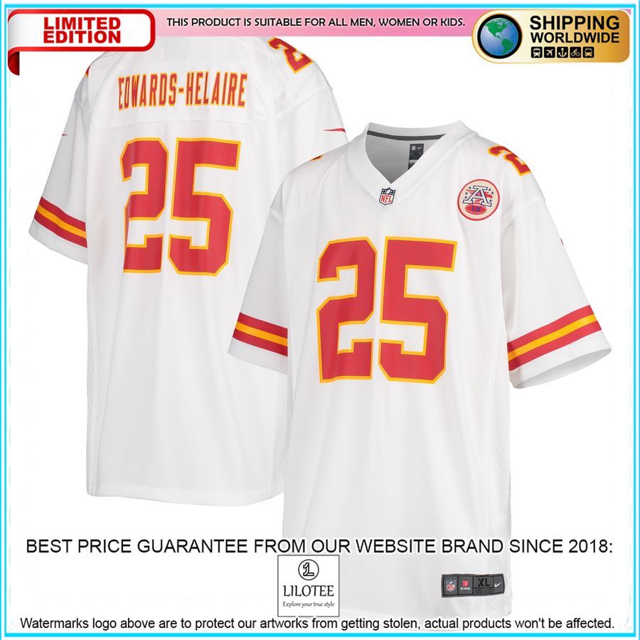 clyde edwards helaire kansas city chiefs youth white football jersey 1 155