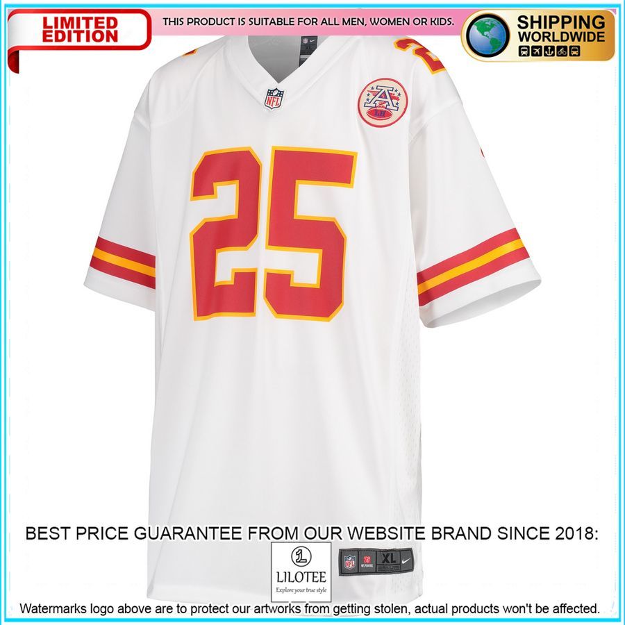 clyde edwards helaire kansas city chiefs youth white football jersey 2 987