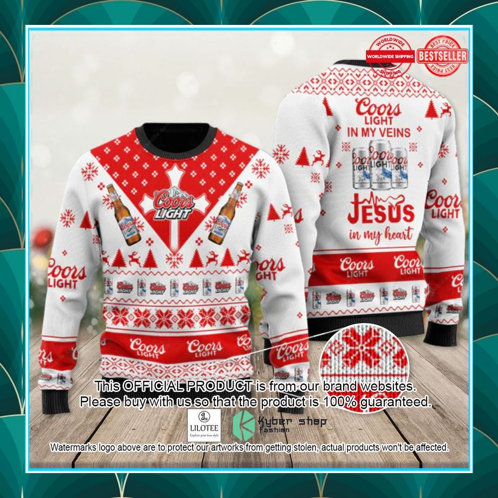coors light in my veins jesus in my heart ugly christmas sweater 1 195