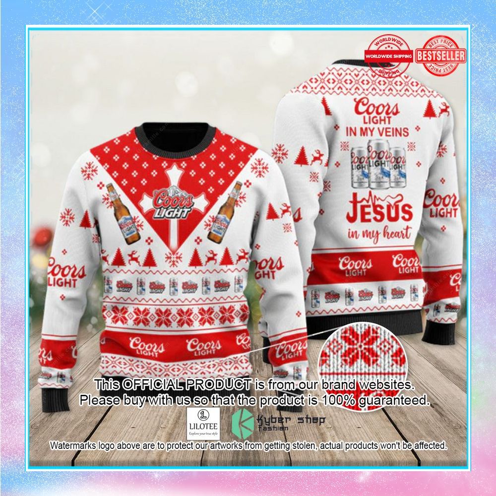 coors light in my veins jesus in my heart ugly christmas sweater 1 825