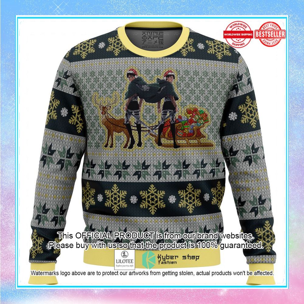 eren yeager and levi ackerman attack on titan ugly christmas sweater 1 436