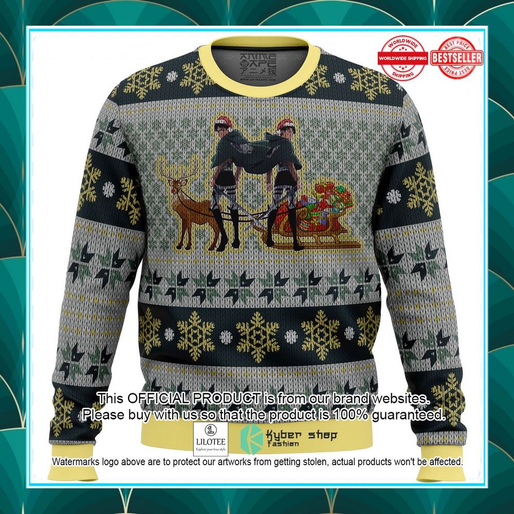 eren yeager and levi ackerman attack on titan ugly christmas sweater 1 73