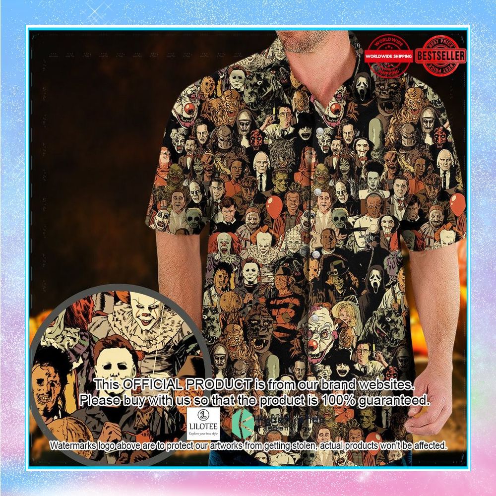horror movie characters halloween pattern hawaiian shirt 1 689