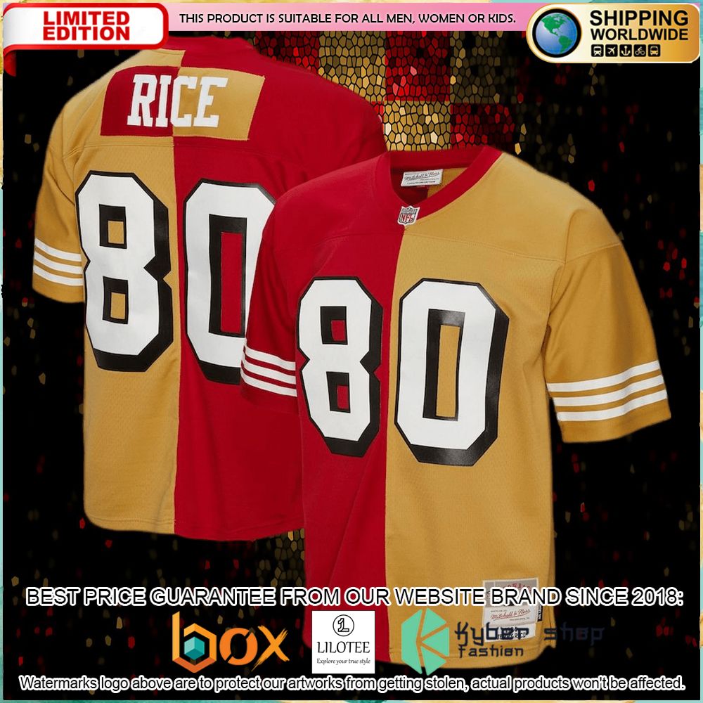 jerry rice san francisco 49ers mitchell ness 1994 split legacy replica scarlet gold football jersey 1 948