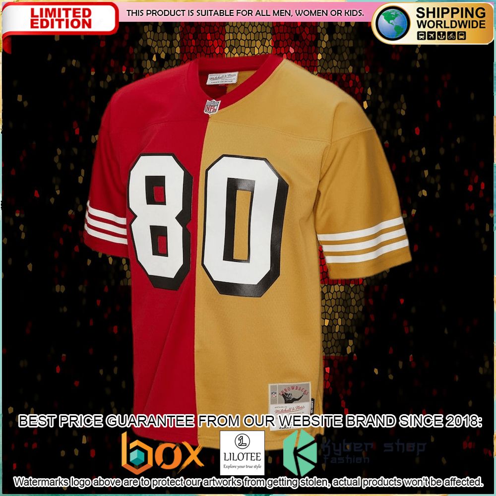 jerry rice san francisco 49ers mitchell ness 1994 split legacy replica scarlet gold football jersey 2 111