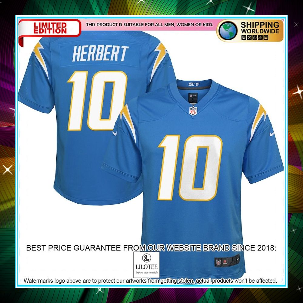justin herbert los angeles chargers youth powder blue football jersey 1 802
