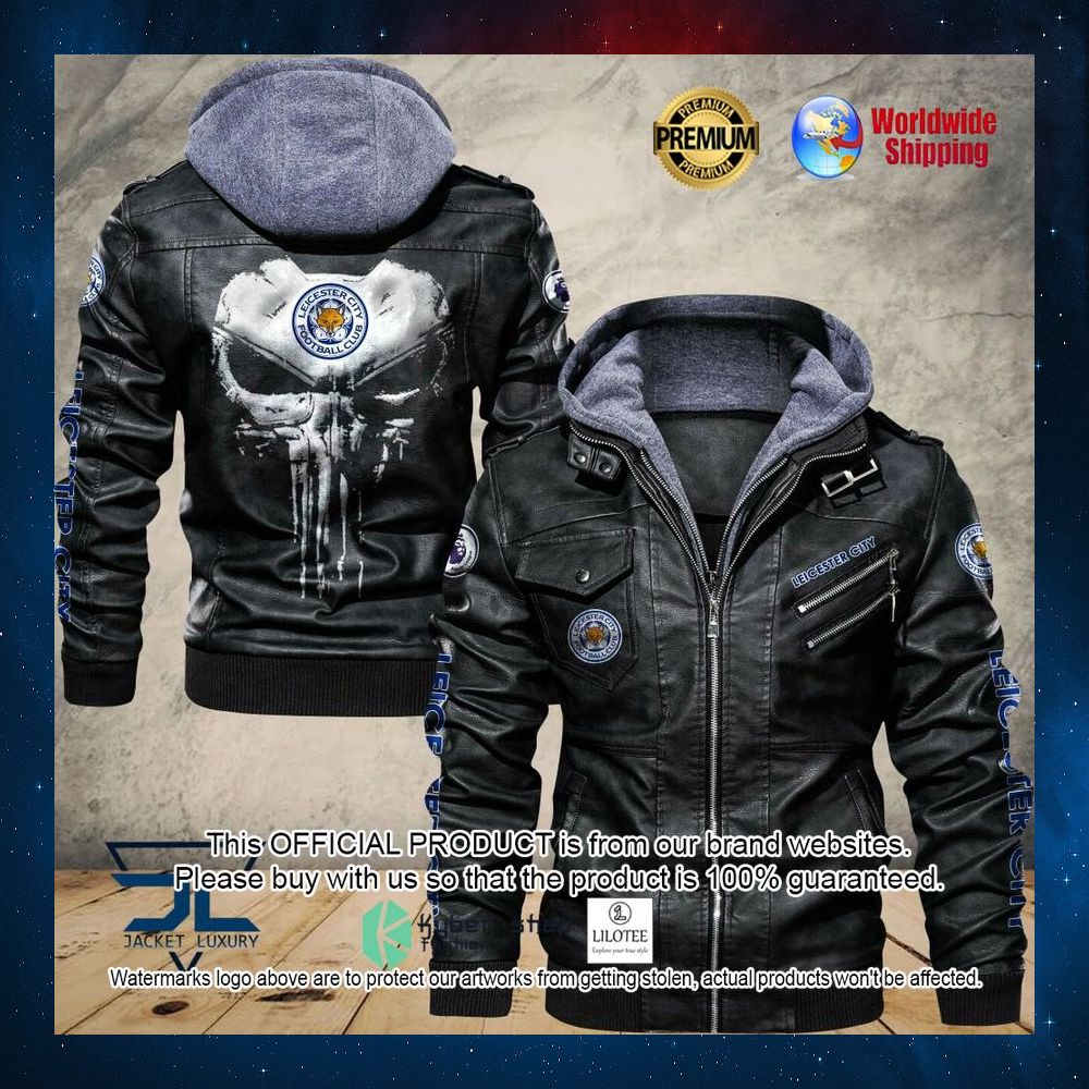 leicester city f c punisher skull leather jacket 1 78