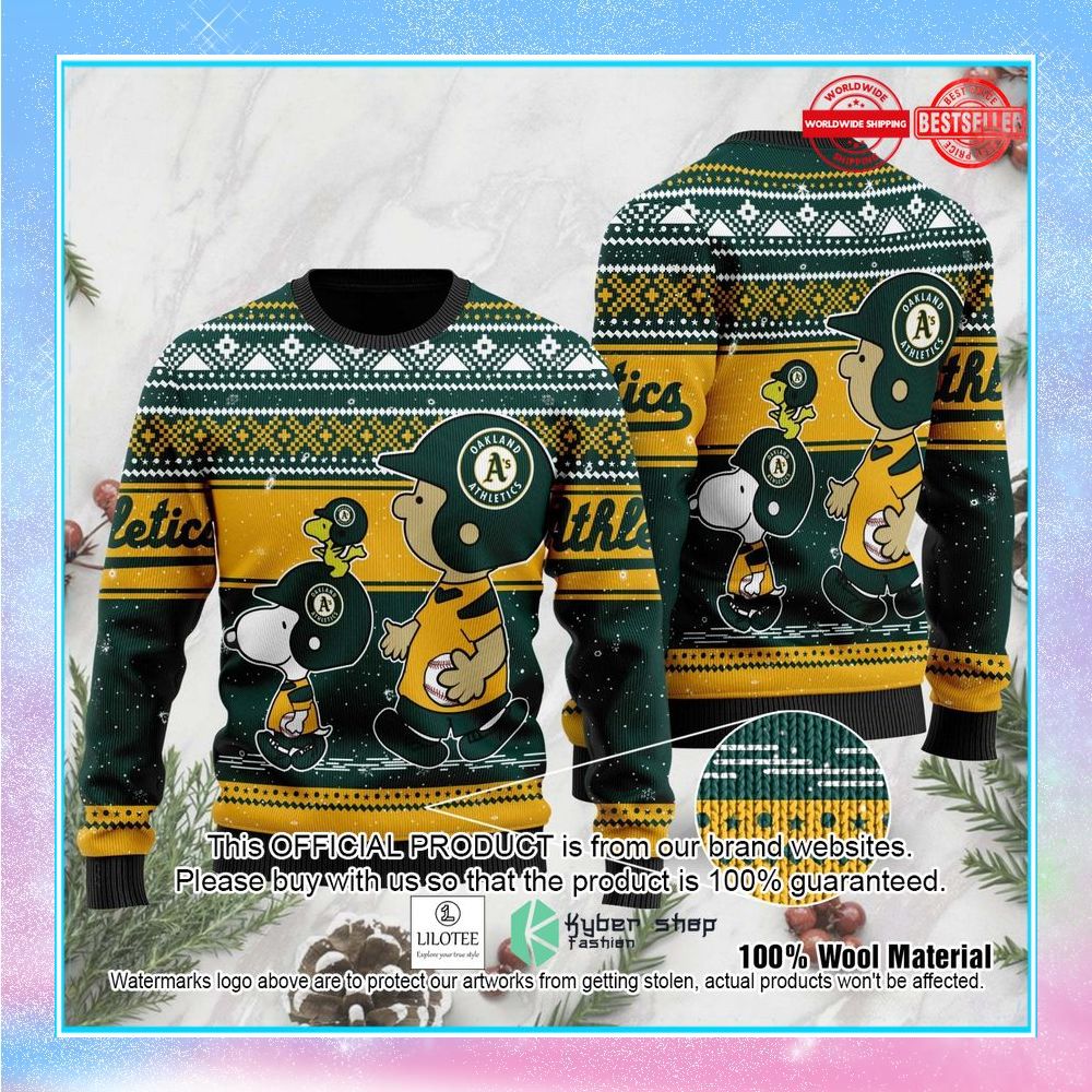oakland athletics charlie brown snoopy wear football jersey christmas sweater 1 519