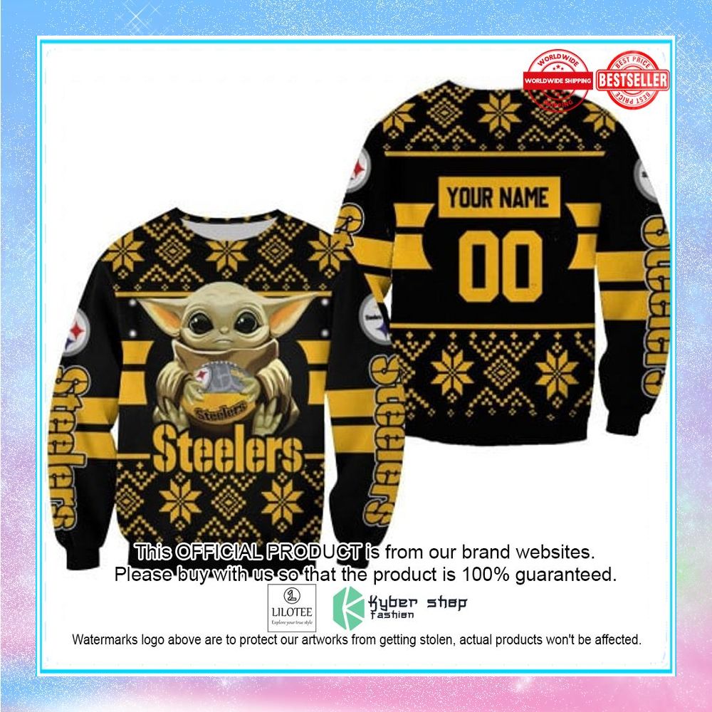 personalized baby yoda hugs pittsburgh steelers football team christmas sweater 1 43