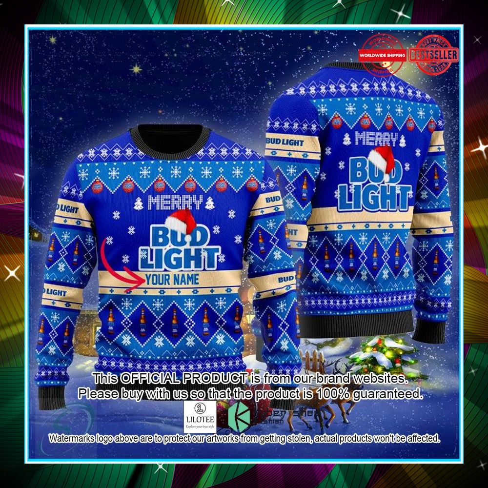 personalized bud light santa blue ugly christmas sweater 1 332