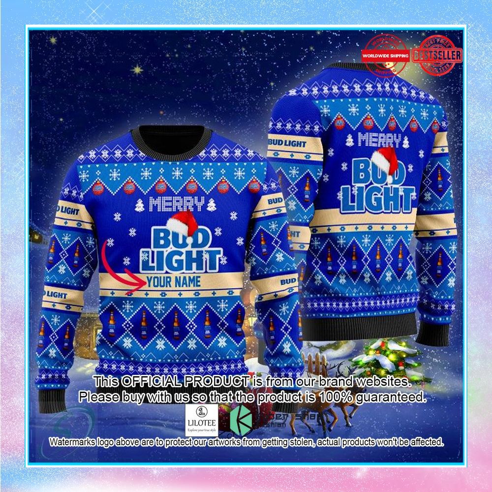 personalized bud light santa blue ugly christmas sweater 1 844