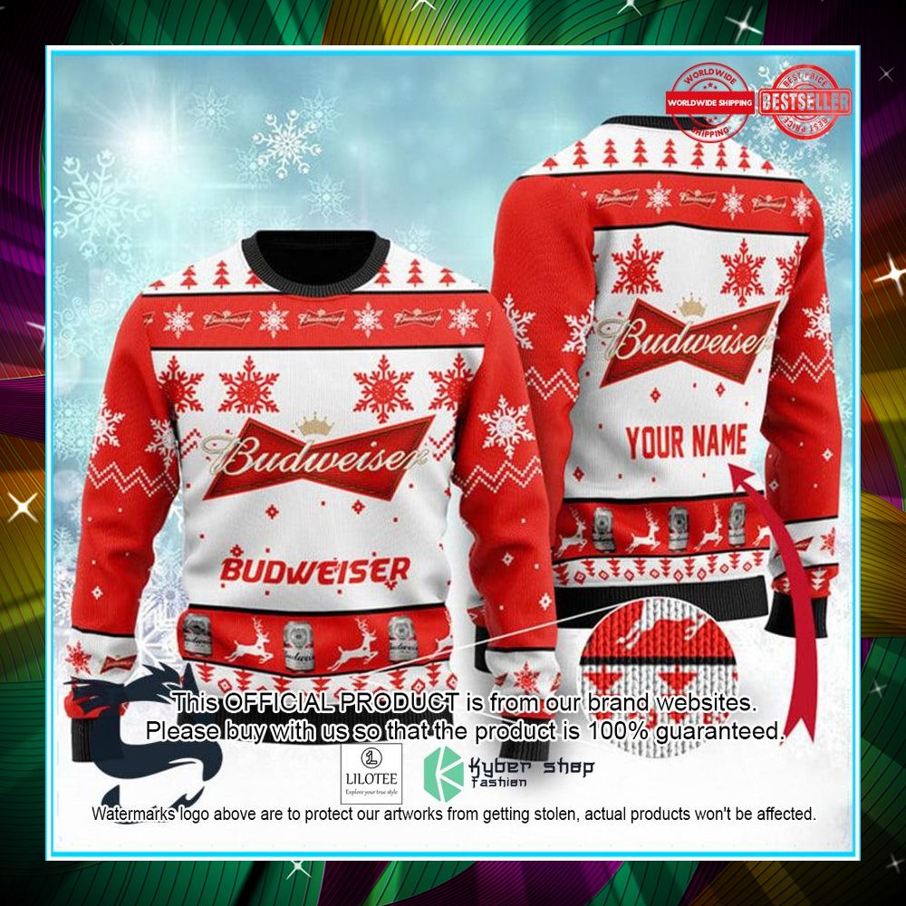 personalized budweiser beer ugly christmas sweater 1 786