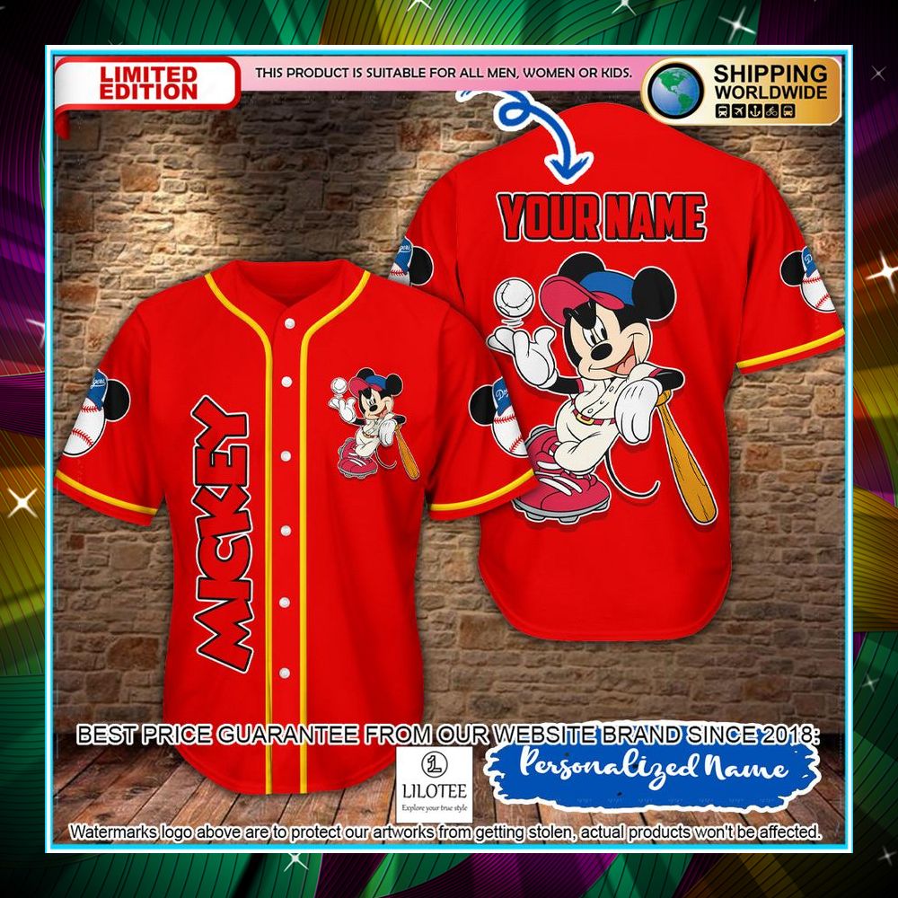 personalized mickey mouse los angeles dodgers red baseball jersey 1 108