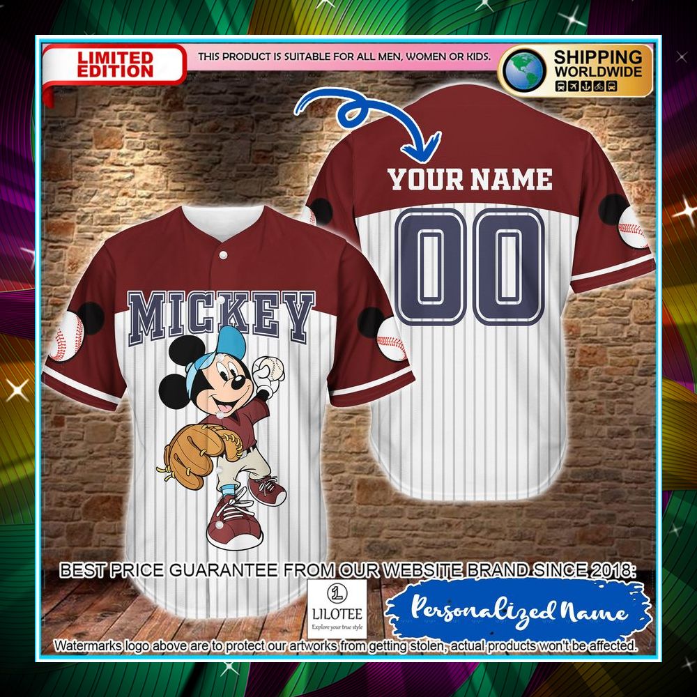 personalized mickey mouse red striped baseball jersey 1 135