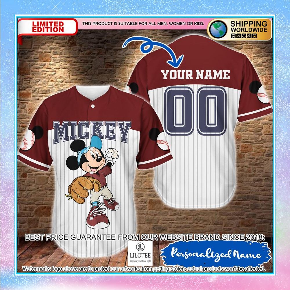 personalized mickey mouse red striped baseball jersey 1 998