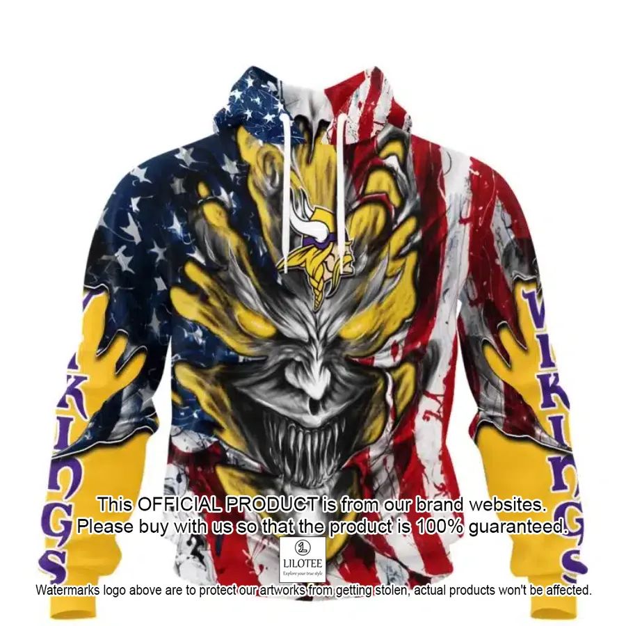 personalized minnesota vikings demon face american flag shirt hoodie 1 600
