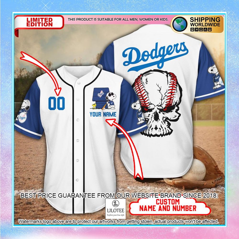 personalized snoopy los angeles dodgers skull baseball jersey 1 681