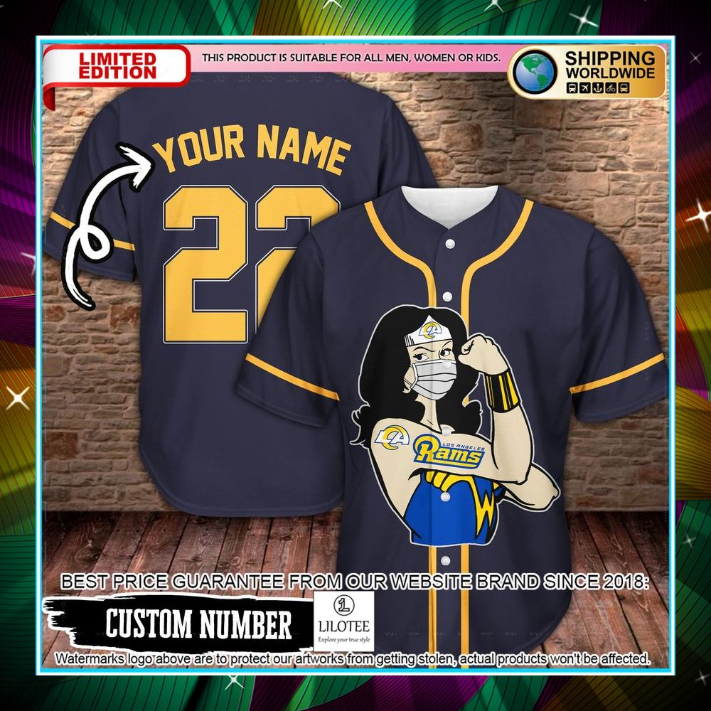 personalized wonder woman los angeles rams baseball jersey 1 56