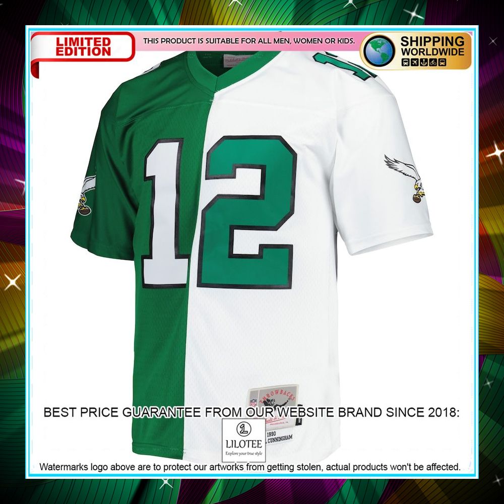 randall cunningham philadelphia eagles mitchell ness 1990 split legacy replica kelly green white football jersey 2 722