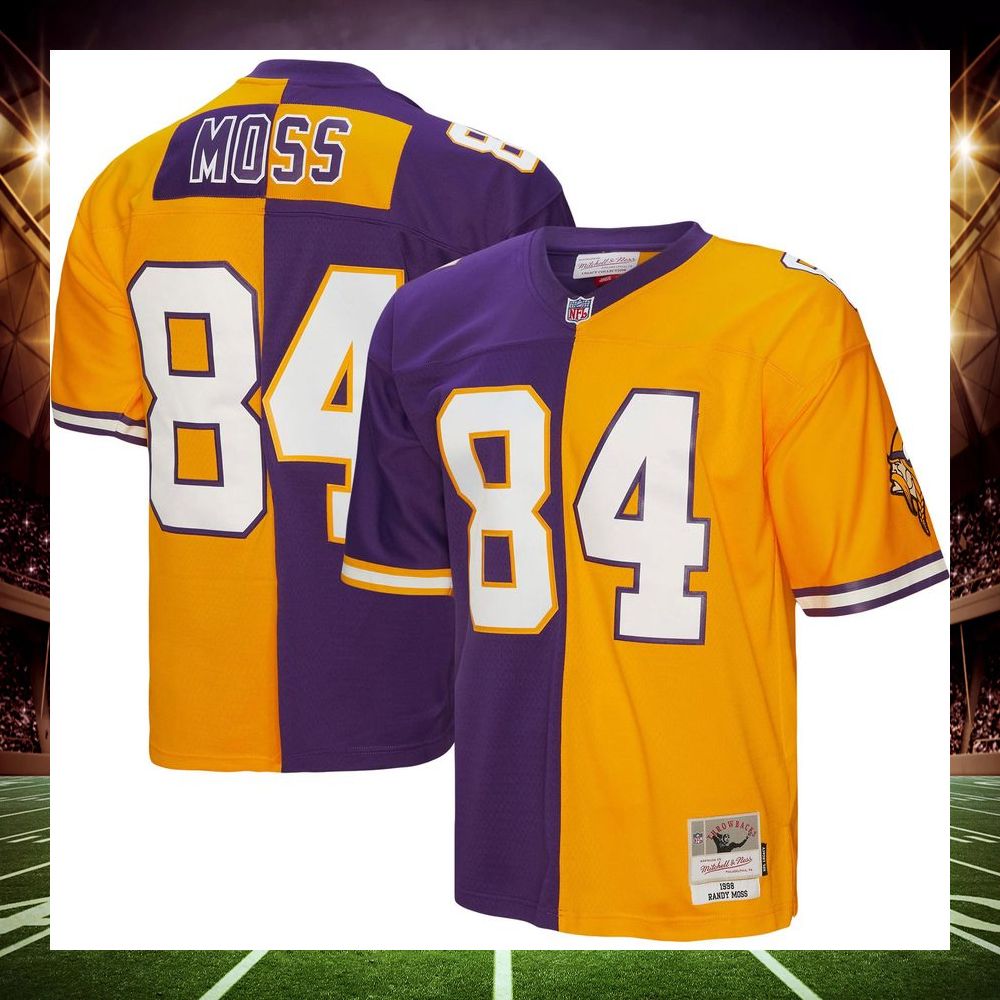 randy moss minnesota vikings mitchell ness 1998 split legacy replica purple gold football jersey 1 855