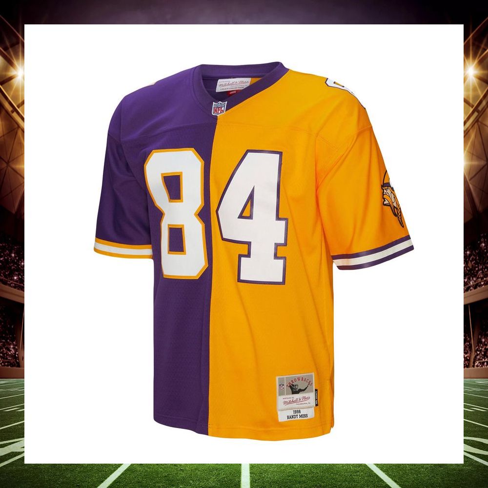 randy moss minnesota vikings mitchell ness 1998 split legacy replica purple gold football jersey 2 800