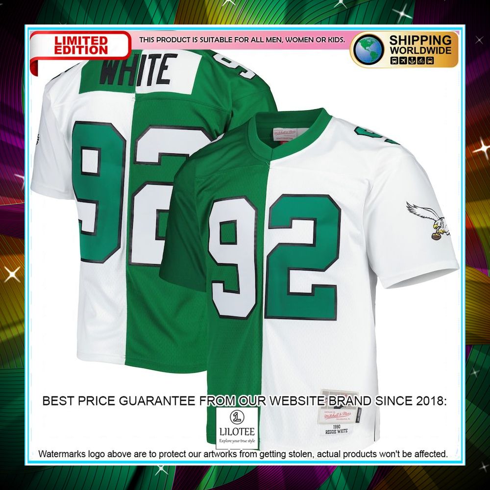 reggie white philadelphia eagles mitchell ness 1990 split legacy replica kelly green white football jersey 1 772