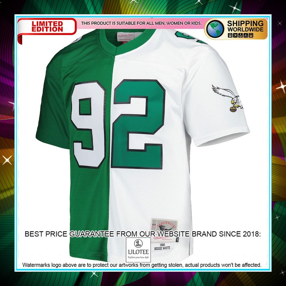 reggie white philadelphia eagles mitchell ness 1990 split legacy replica kelly green white football jersey 2 558